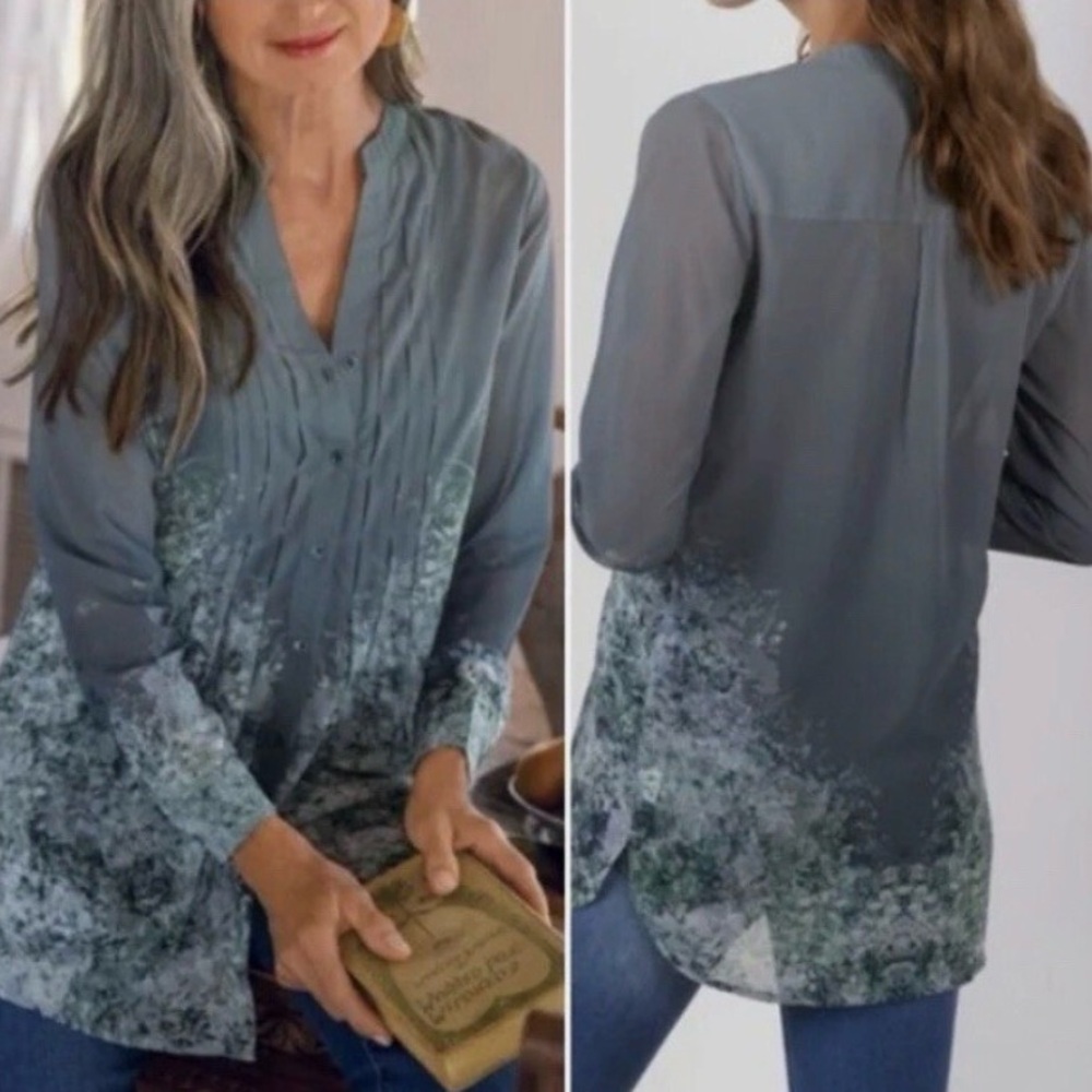 Soft Surroundings Cybele Tunic Periwinkle Floral Pintuck Pleats Blouse w/ Cami - Picture 2 of 16